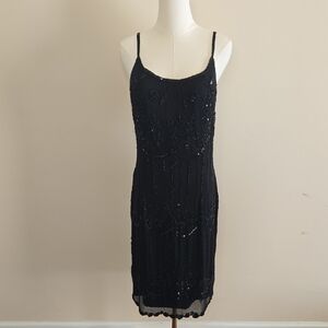 Vintage Papell Boutique Beaded Silk Slip Dress Black 1920s Gatsby Evening Sz 6/8